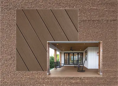 Fiberon Promenade decking in Sandy Pier — board close-up beside a finished deck