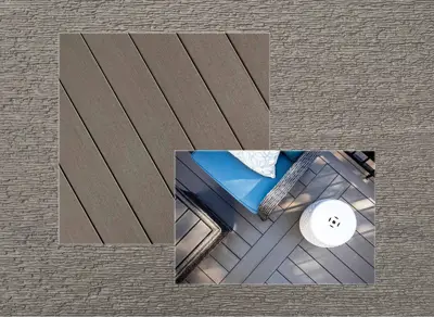 Fiberon Promenade decking in Shaded Cay — board close-up beside a finished deck