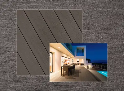 Fiberon Promenade decking in Weathered Cliff — board close-up beside a finished deck