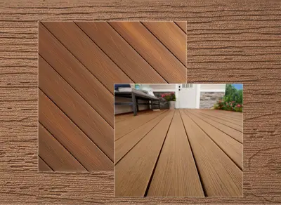 Fiberon Sanctuary decking in Moringa — board close-up beside a finished deck