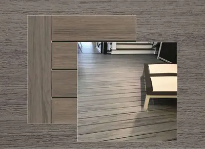 TimberTech Legacy decking in Ashwood — board close-up beside a finished deck