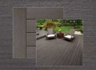 TimberTech Legacy decking in Espresso — board close-up beside a finished deck