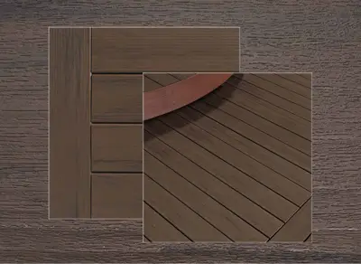 TimberTech Legacy decking in Mocha — board close-up beside a finished deck