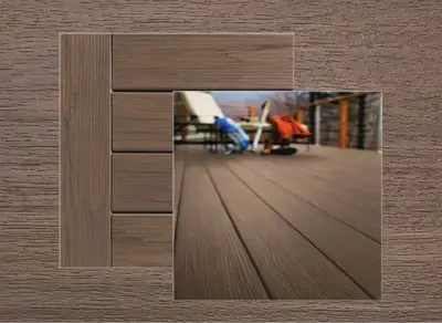 TimberTech Legacy decking in Pecan — board close-up beside a finished deck