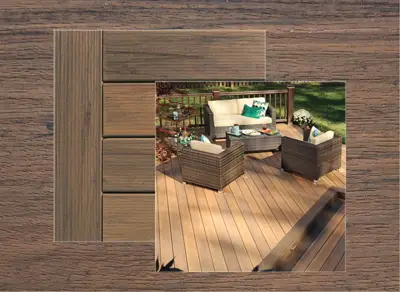 TimberTech Legacy decking in Tigerwood — board close-up beside a finished deck