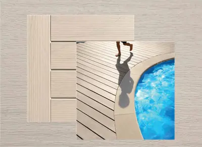 TimberTech Legacy decking in Whitewash Cedar — board close-up beside a finished deck