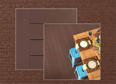 TimberTech Prime decking in Dark Teak — board close-up beside a finished deck