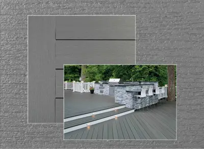 TimberTech Prime decking in Maritime Gray — board close-up beside a finished deck