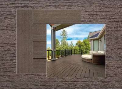 TimberTech Prime Plus decking in Dark Cocoa — board close-up beside a finished deck