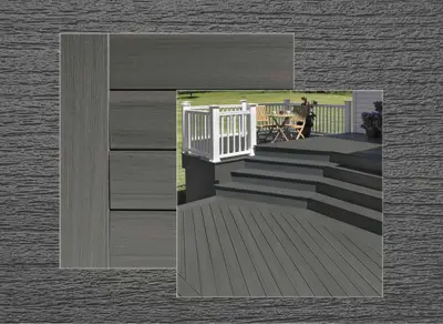 TimberTech Prime Plus decking in Sea Salt Gray — board close-up beside a finished deck