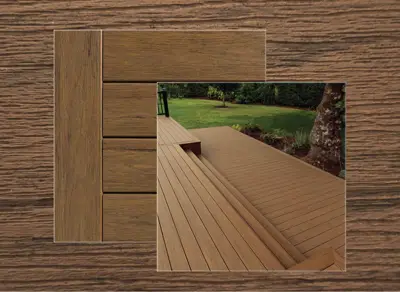 TimberTech Reserve decking in Antique Leather — board close-up beside a finished deck