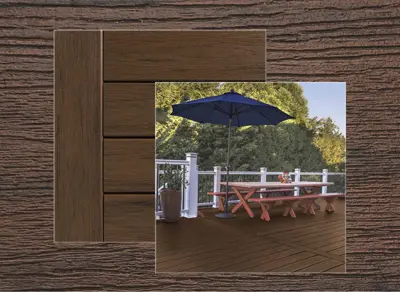 TimberTech Reserve decking in Dark Roast — board close-up beside a finished deck