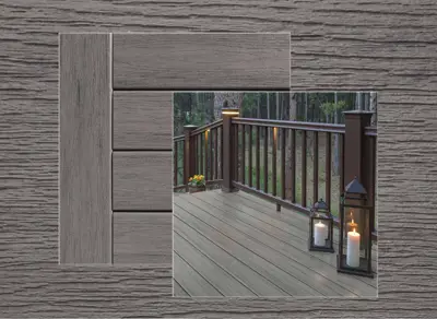 TimberTech Reserve decking in Driftwood — board close-up beside a finished deck