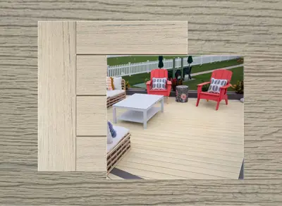 TimberTech Reserve decking in Reclaimed Chestnut — board close-up beside a finished deck