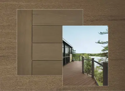 TimberTech Terrain+ decking in Dark Oak — board close-up beside a finished deck