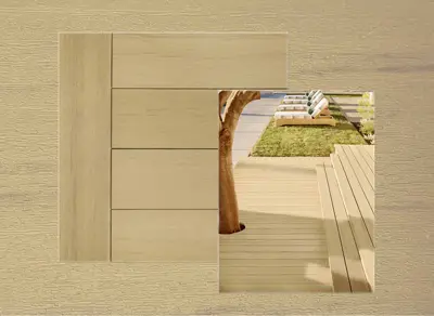 TimberTech Terrain+ decking in Natural White Oak — board close-up beside a finished deck