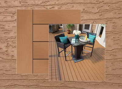 Trex Basics decking in Beach Dune — board close-up beside a finished deck