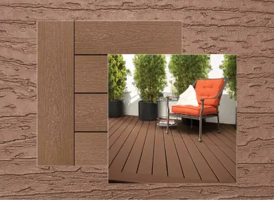 Trex Basics decking in Saddle — board close-up beside a finished deck