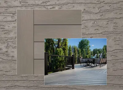 Trex Basics decking in Tide Pool — board close-up beside a finished deck