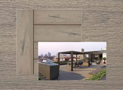 Trex Transcend Lineage decking in Biscayne — board close-up beside a finished deck