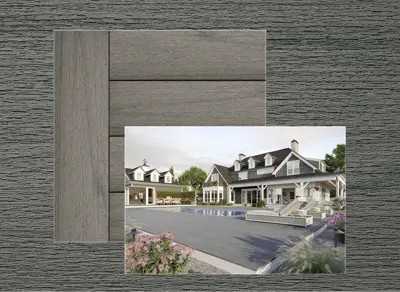 Trex Transcend Lineage decking in Island Mist Lineage — board close-up beside a finished deck