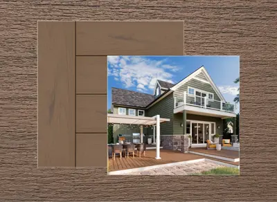 Trex Transcend Lineage decking in Jasper — board close-up beside a finished deck