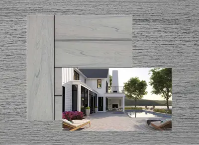 Trex Transcend Lineage decking in Rainier — board close-up beside a finished deck