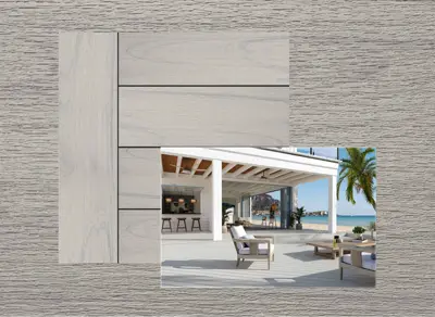 Trex Transcend Lineage decking in Salt Flat — board close-up beside a finished deck