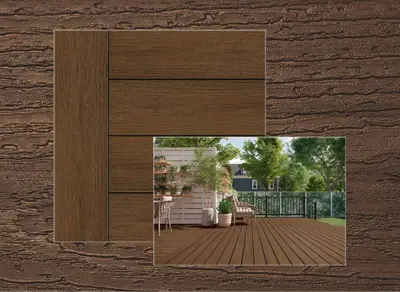 Trex Naturals decking in Cinnamon Cove — board close-up beside a finished deck