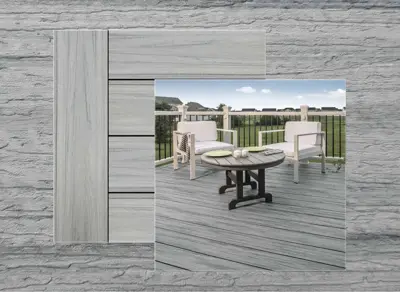 Trex Naturals decking in Foggy Wharf — board close-up beside a finished deck