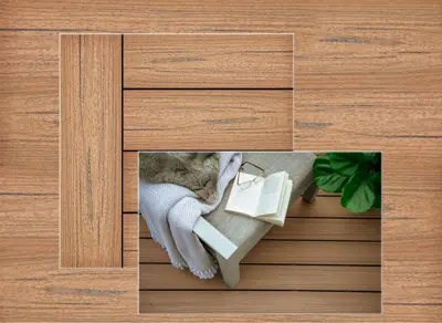 Trex Naturals decking in Golden Hour — board close-up beside a finished deck