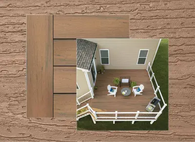 Trex Naturals decking in Toasted Sand — board close-up beside a finished deck