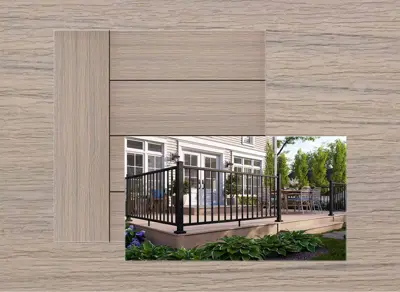 Trex Select decking in Malted Barley — board close-up beside a finished deck