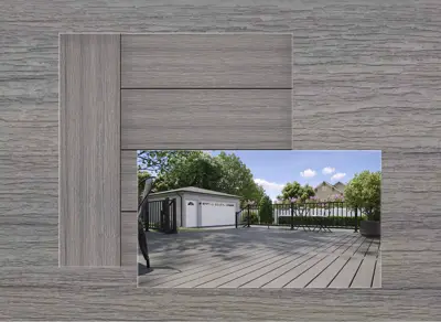 Trex Select decking in Millstone — board close-up beside a finished deck