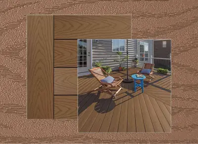 Trex Select decking in Saddle Select — board close-up beside a finished deck