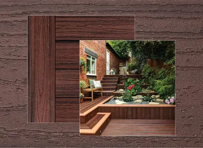 Trex Transcend decking in Lava Rock — board close-up beside a finished deck