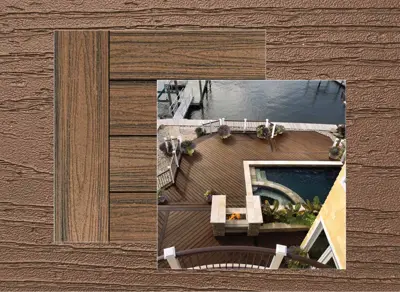 Trex Transcend decking in Spiced Rum — board close-up beside a finished deck