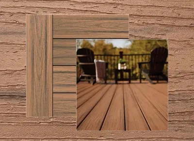 Trex Transcend decking in Tiki Torch — board close-up beside a finished deck