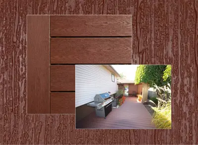 TruNorth Accuspan decking in Bordeaux — board close-up beside a finished deck