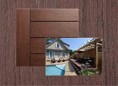 TruNorth Accuspan decking in Brazilian Cherry — board close-up beside a finished deck