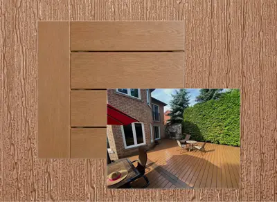 TruNorth Accuspan decking in Brulee — board close-up beside a finished deck