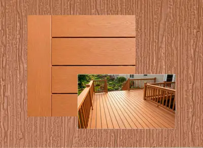 TruNorth Accuspan decking in Caramel — board close-up beside a finished deck