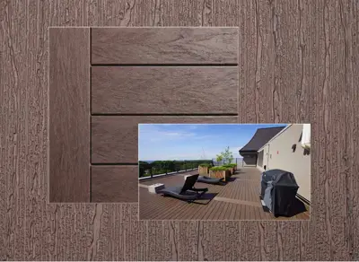TruNorth Accuspan decking in Tropical Walnut — board close-up beside a finished deck