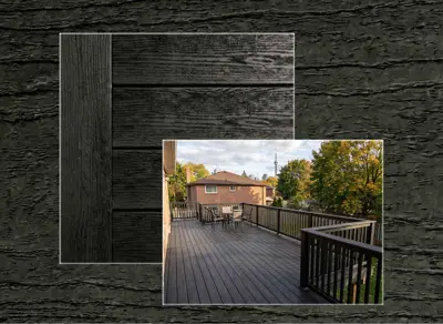 TruNorth Accuspan decking in Tuxedo Black — board close-up beside a finished deck