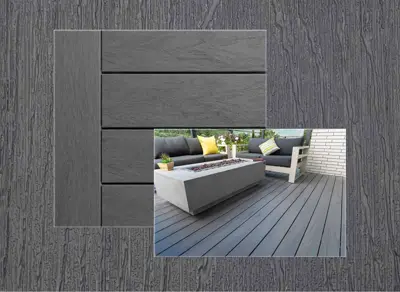 TruNorth Enviroboard decking in Amazon Grey — board close-up beside a finished deck