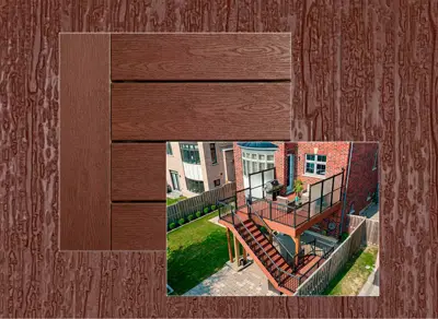 TruNorth Enviroboard decking in Bordeaux — board close-up beside a finished deck
