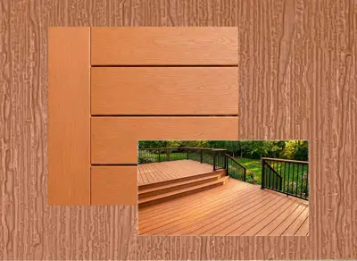 TruNorth Enviroboard decking in Caramel — board close-up beside a finished deck
