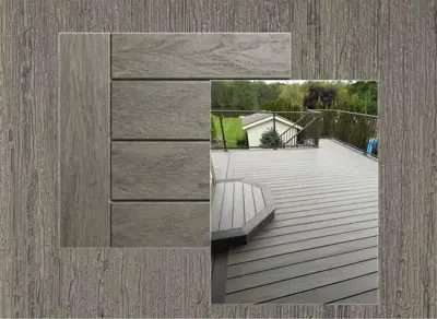 TruNorth Enviroboard decking in Hazelwood — board close-up beside a finished deck