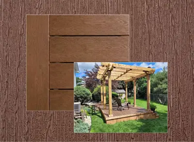 TruNorth Enviroboard decking in Mocha — board close-up beside a finished deck