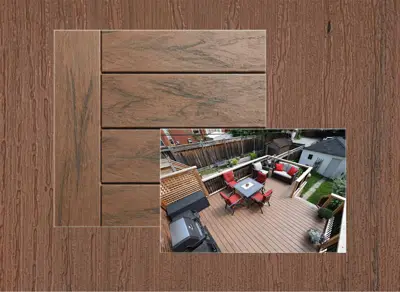 TruNorth Enviroboard decking in Tigerwood — board close-up beside a finished deck